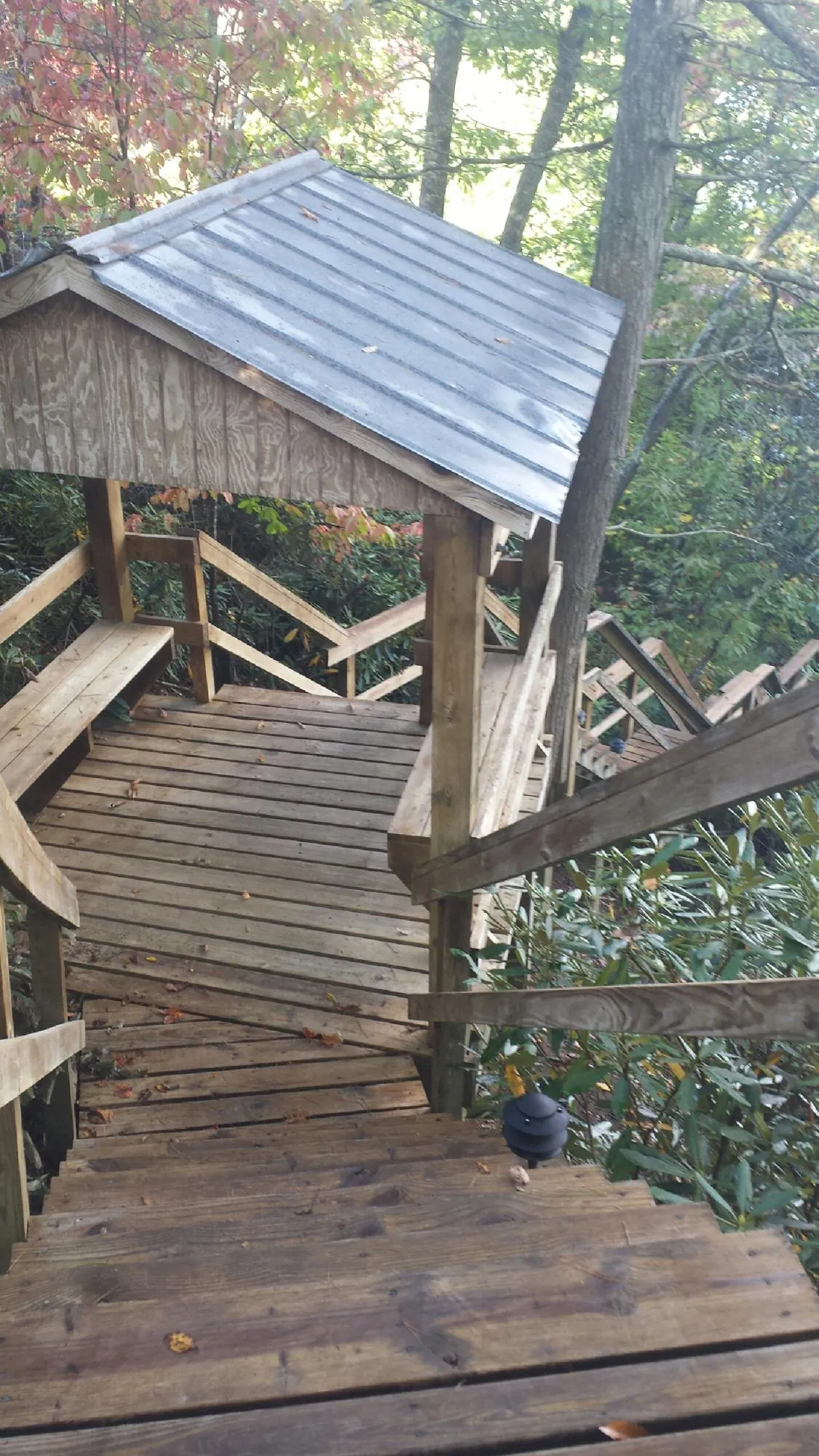 Metal roofed shelter over wooden steps on a wooded walkway — Skylight Repair & Installation work by our crew in Saegertown